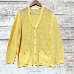 St John Yellow Knit Cardigan Sweater Womens Button Front Pockets Size L Made USA